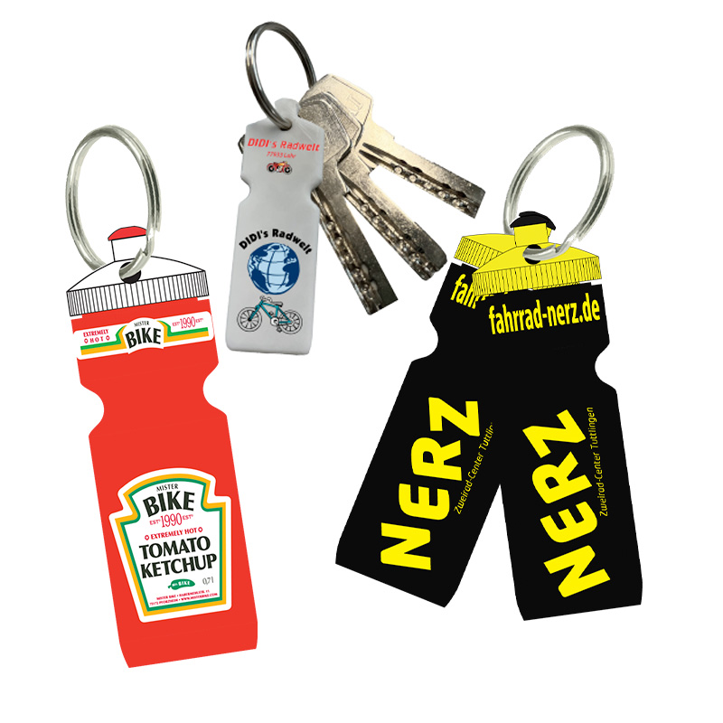 Trinkflaschen Schlüsselanhänger auch mit Logo, Foto, Text bedruckbar
